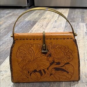 Vintage Elegant Tan Hand Tooled Leather Handbag With Brass Handle